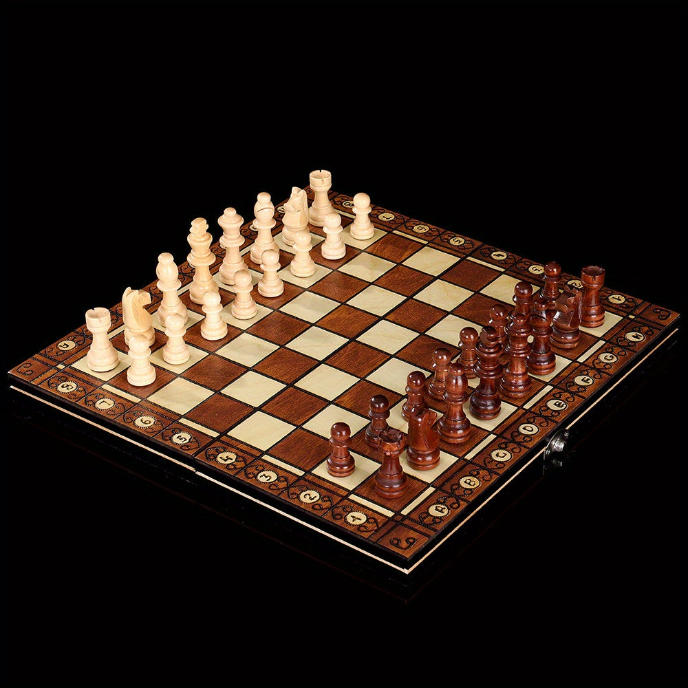 Wooden 3-in-1 board game set with chess, checkers, and backgammon. Foldable, portable, and velvety interior for slip-resistance. Durable wood fiber construction. Suitable for teens and