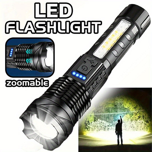 Portable and rechargeable LED flashlight for outdoor activities such as camping, fishing, running, and hiking. Made of ABS material, with zoomable feature and bright light.