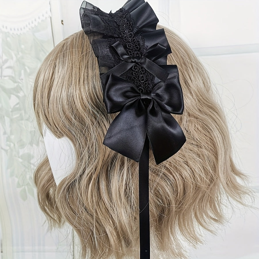 Ruffled Lace Ribbon Bow Headband with Hairpins in Contrasting Colors - Anime Maid Inspired Hair Accessory