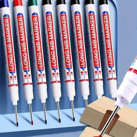 5 waterproof marker pens with long nibs for woodworking, construction, and crafts. Medium point for multi-surface use on wood, plastic, glass, metal, and faux leather. Sleek design and