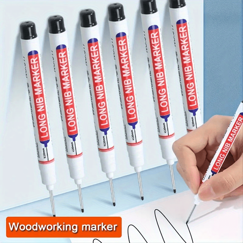 5 waterproof marker pens with long nibs for woodworking, construction, and crafts. Medium point for multi-surface use on wood, plastic, glass, metal, and faux leather. Sleek design and