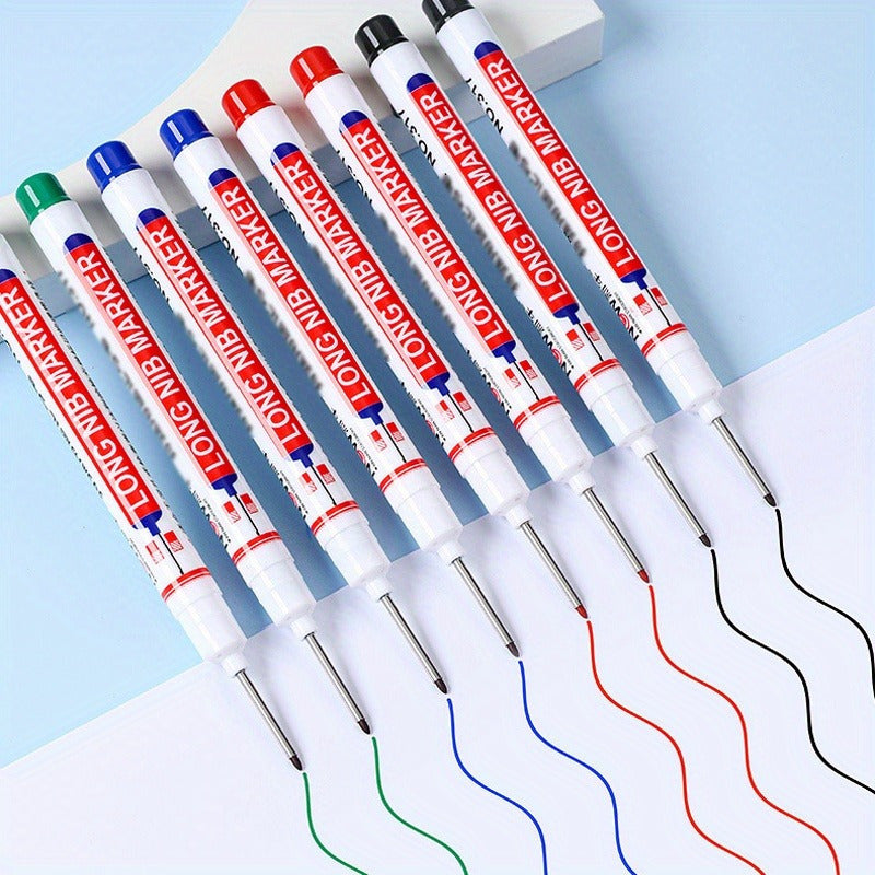 5 waterproof marker pens with long nibs for woodworking, construction, and crafts. Medium point for multi-surface use on wood, plastic, glass, metal, and faux leather. Sleek design and