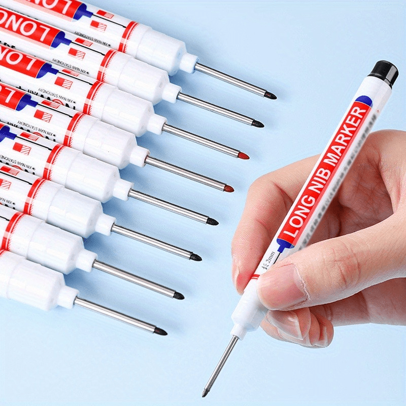 5 waterproof marker pens with long nibs for woodworking, construction, and crafts. Medium point for multi-surface use on wood, plastic, glass, metal, and faux leather. Sleek design and