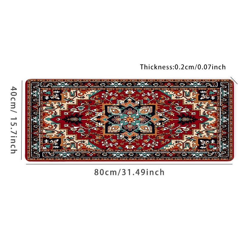 Large boho chic gaming mouse pad with antique Persian carpet design, non-slip rubber base, stitched edges, rich colors - perfect desk accessory and gift.