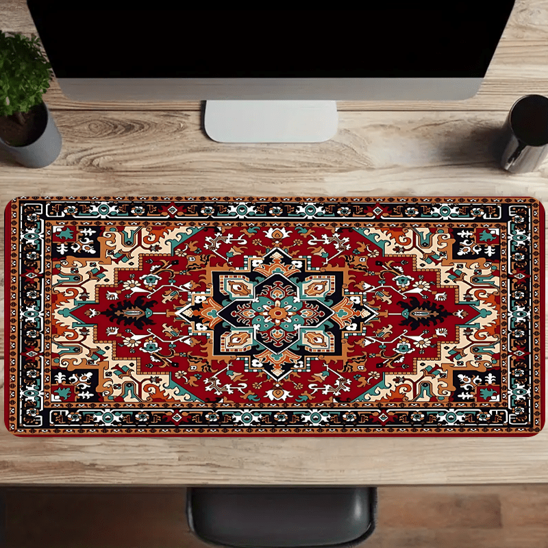 Large boho chic gaming mouse pad with antique Persian carpet design, non-slip rubber base, stitched edges, rich colors - perfect desk accessory and gift.