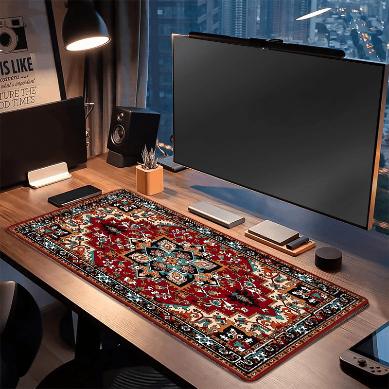 Large boho chic gaming mouse pad with antique Persian carpet design, non-slip rubber base, stitched edges, rich colors - perfect desk accessory and gift.