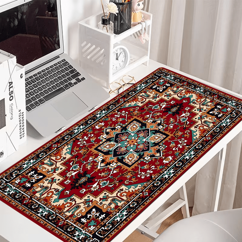 Large boho chic gaming mouse pad with antique Persian carpet design, non-slip rubber base, stitched edges, rich colors - perfect desk accessory and gift.