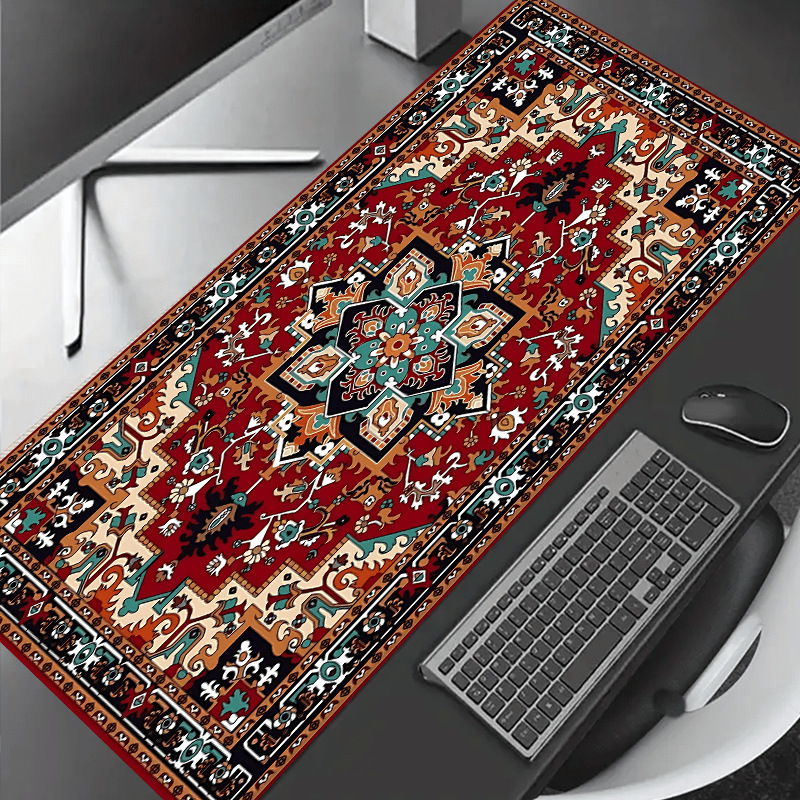 Large boho chic gaming mouse pad with antique Persian carpet design, non-slip rubber base, stitched edges, rich colors - perfect desk accessory and gift.