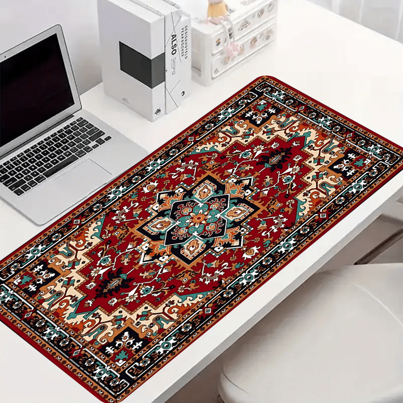 Large boho chic gaming mouse pad with antique Persian carpet design, non-slip rubber base, stitched edges, rich colors - perfect desk accessory and gift.