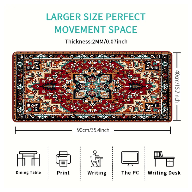 Large boho chic gaming mouse pad with antique Persian carpet design, non-slip rubber base, stitched edges, rich colors - perfect desk accessory and gift.