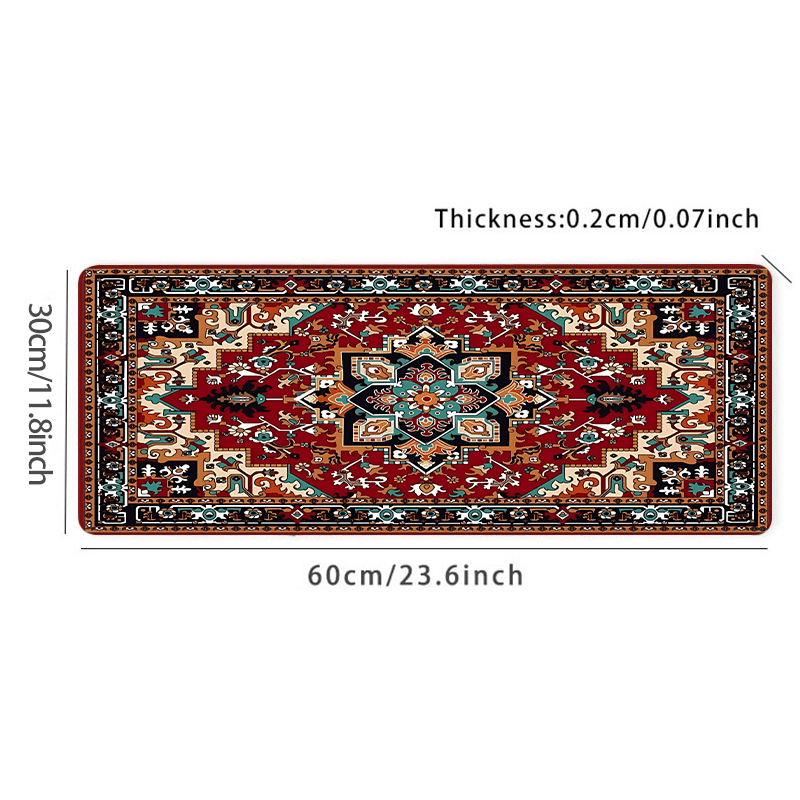 Large boho chic gaming mouse pad with antique Persian carpet design, non-slip rubber base, stitched edges, rich colors - perfect desk accessory and gift.