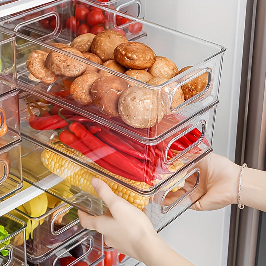 Stackable Transparent Refrigerator Storage Bin- Keep your fruits and vegetables fresh with this food-safe plastic organizer. Ideal for organizing your kitchen, office desk, or home.