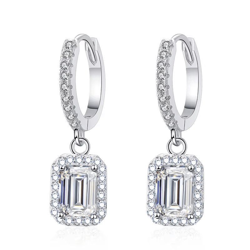 S925 Silver Women's Elegant Earrings with 1 Carat Rectangular Moissanite, Bohemian Luxurious Jewelry, April Birthstone. Featuring Moissanite Setting and 925 Silver Plating, perfect for Daily Wear, Wedding Wear, and all seasons. Comes in a Gift Box, ideal