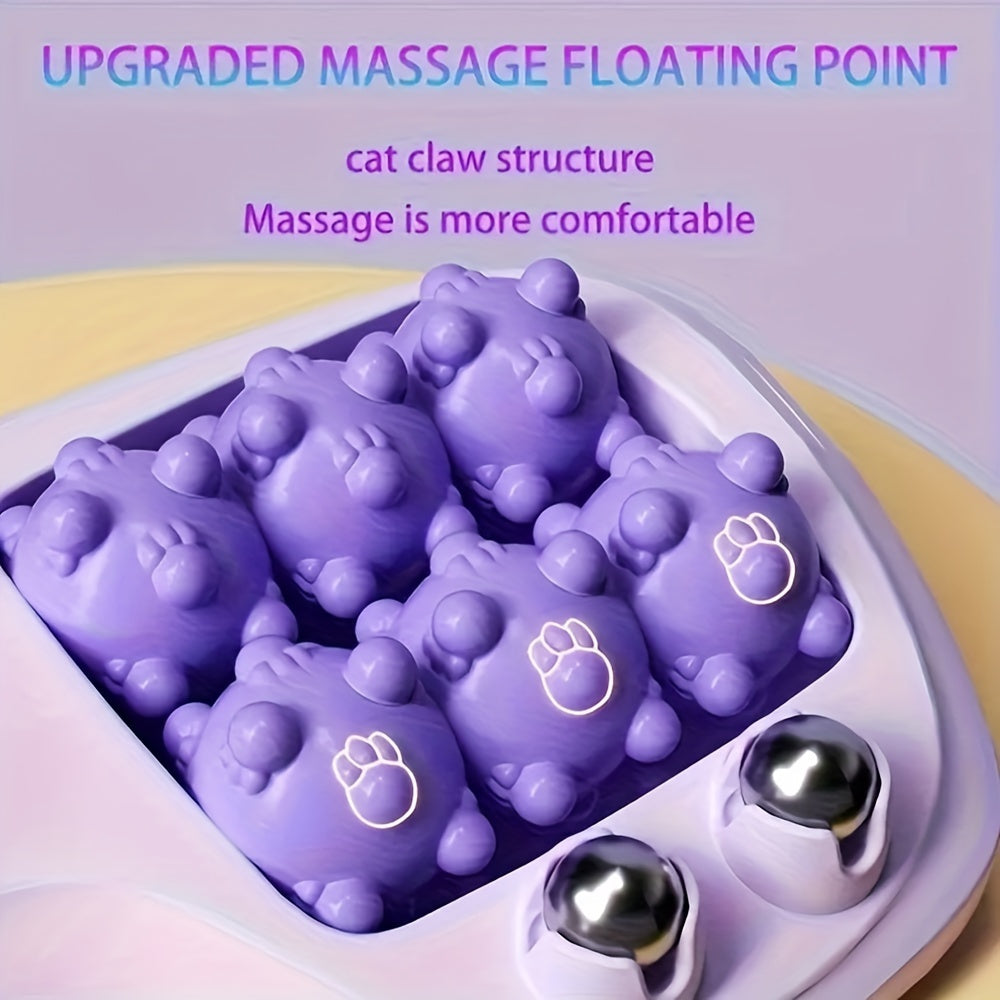 Purple dual-control foot massager with 4-row roller wheels for acupressure and plantar relaxation, designed for home wellness.