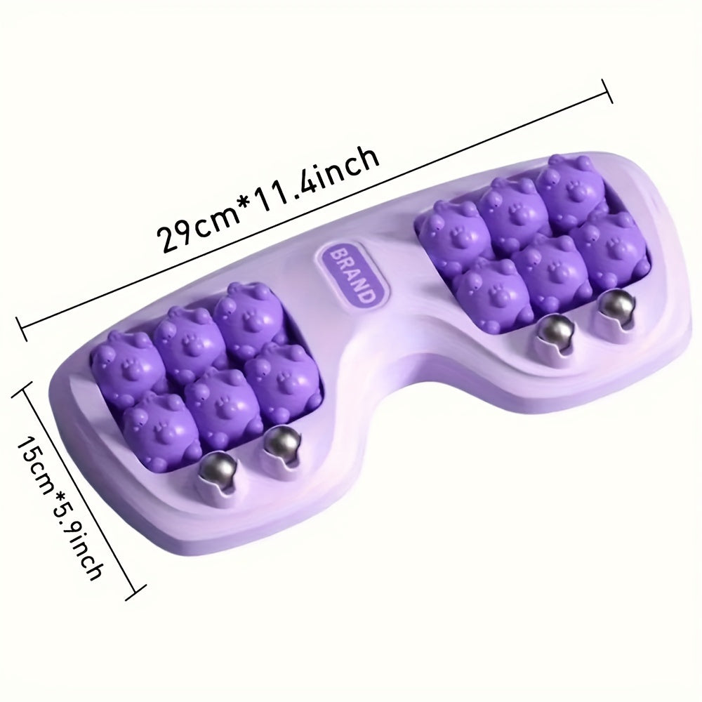 Purple dual-control foot massager with 4-row roller wheels for acupressure and plantar relaxation, designed for home wellness.