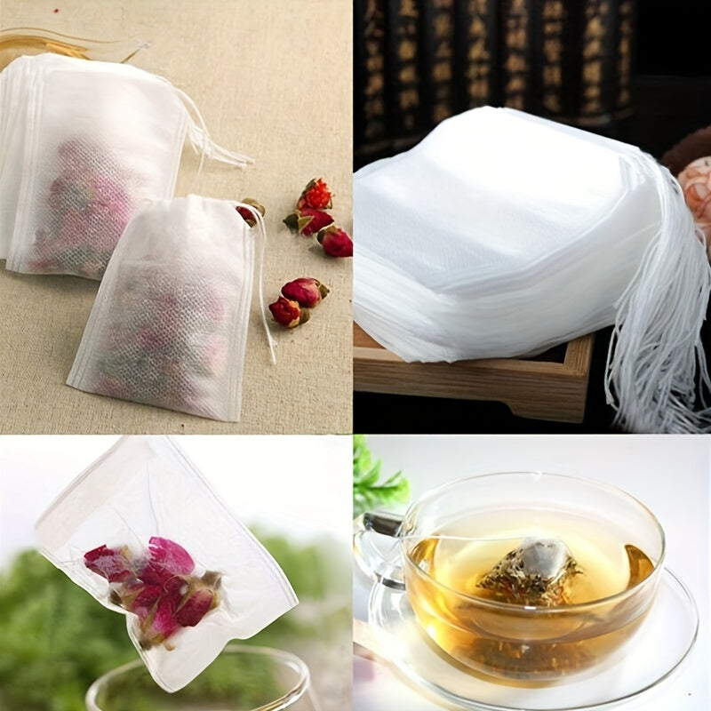 100 pieces of Disposable Drawstring Tea Bags, specifically designed for Loose Leaf Herbs and Spices, featuring an Empty Heat Seal Tea Infuser Filters that allows for easy brewing.