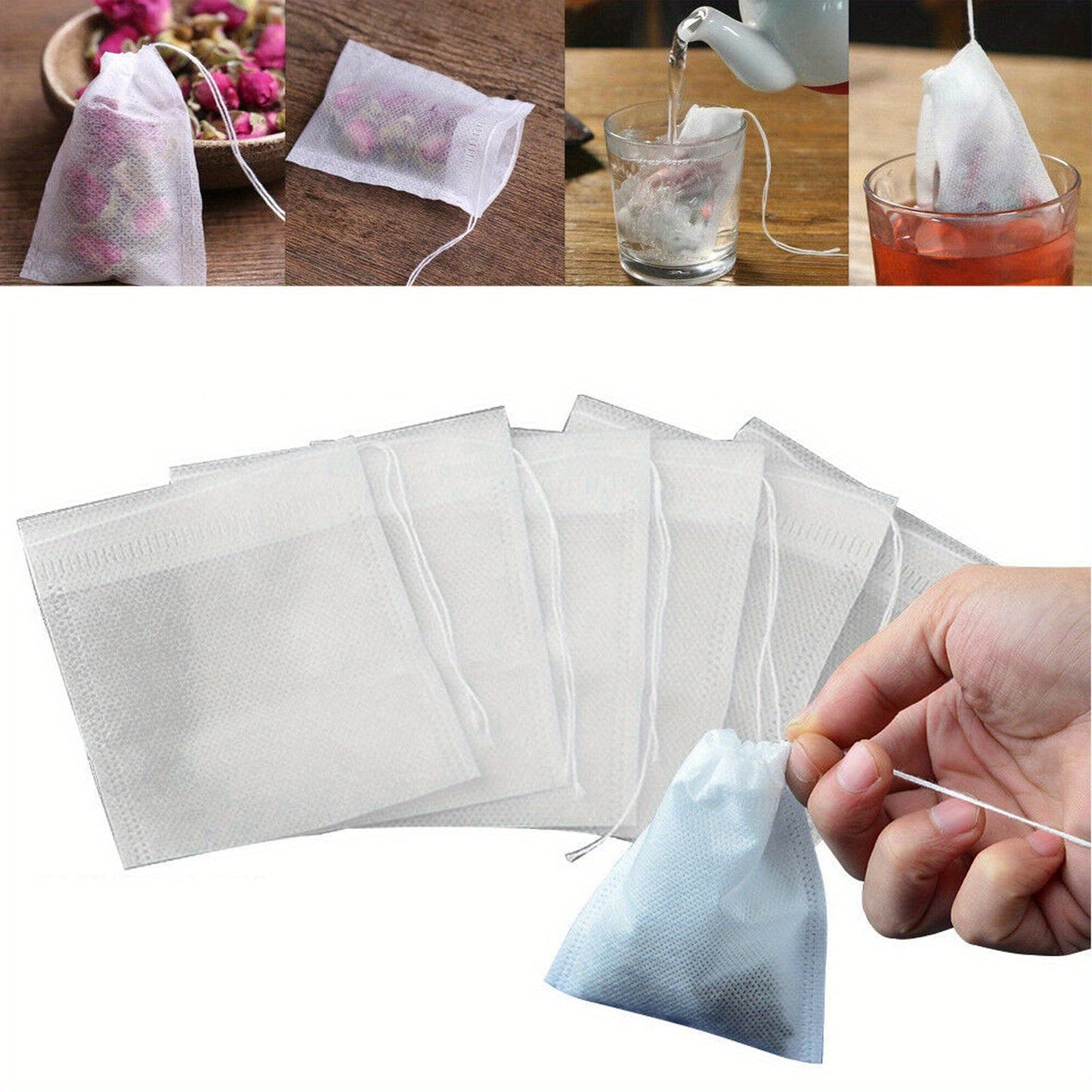 100 pieces of Disposable Drawstring Tea Bags, specifically designed for Loose Leaf Herbs and Spices, featuring an Empty Heat Seal Tea Infuser Filters that allows for easy brewing.