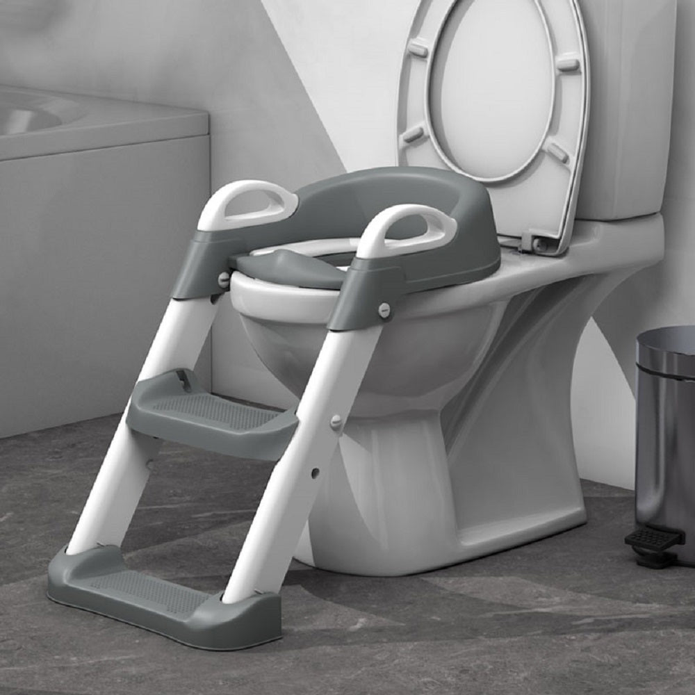 Toilet ring holder with folding ladder stool.