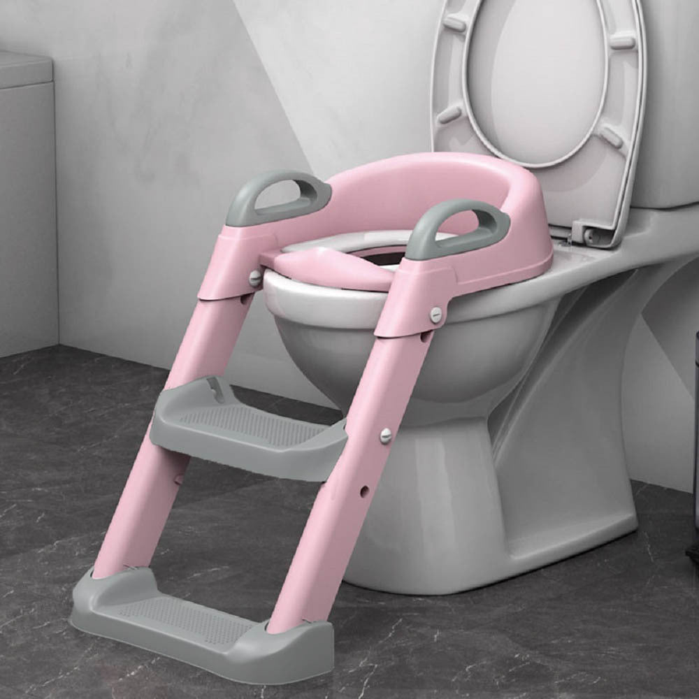 Toilet ring holder with folding ladder stool.