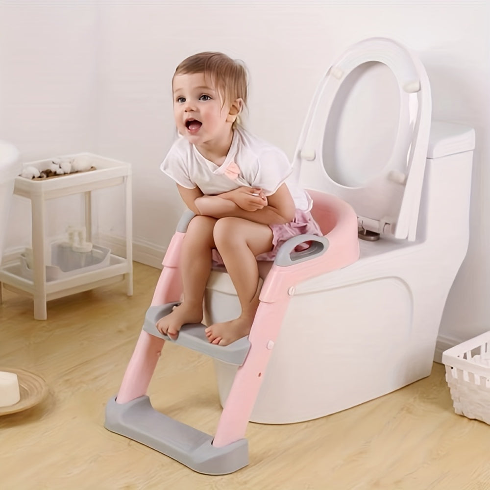 Toilet ring holder with folding ladder stool.