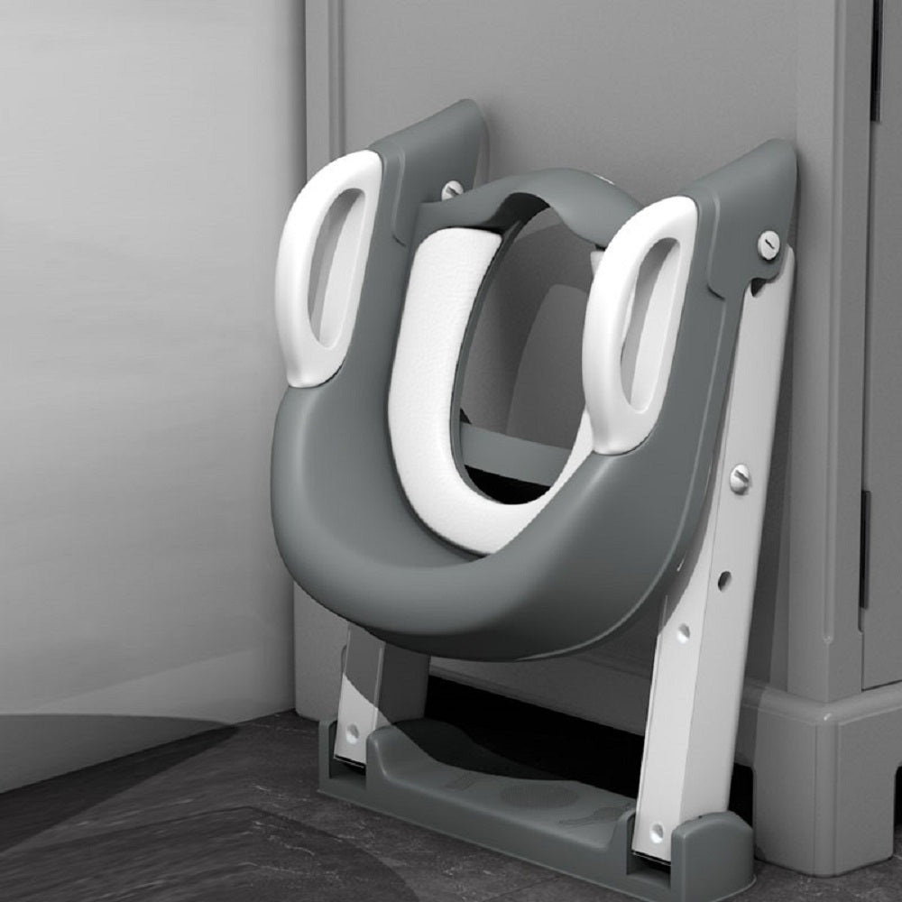 Toilet ring holder with folding ladder stool.