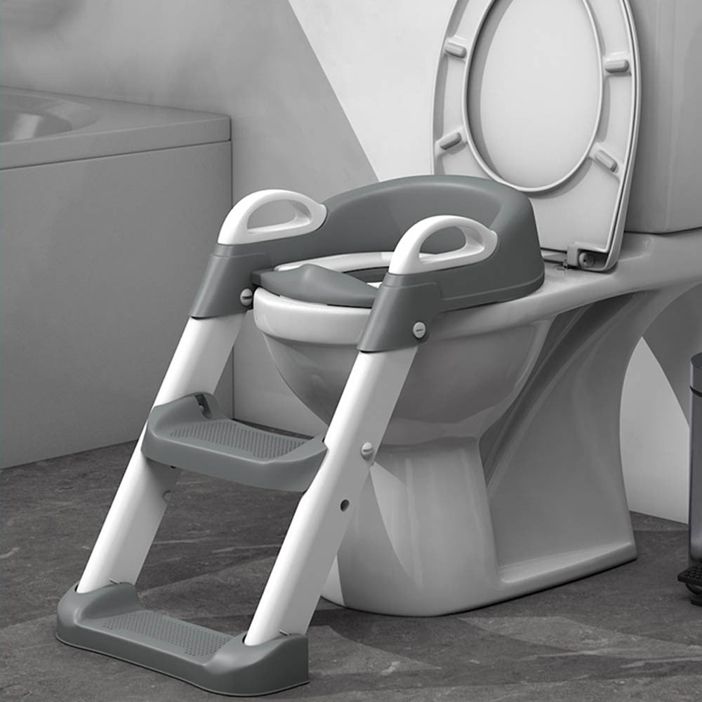 Toilet ring holder with folding ladder stool.