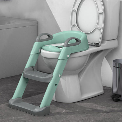 Toilet ring holder with folding ladder stool.