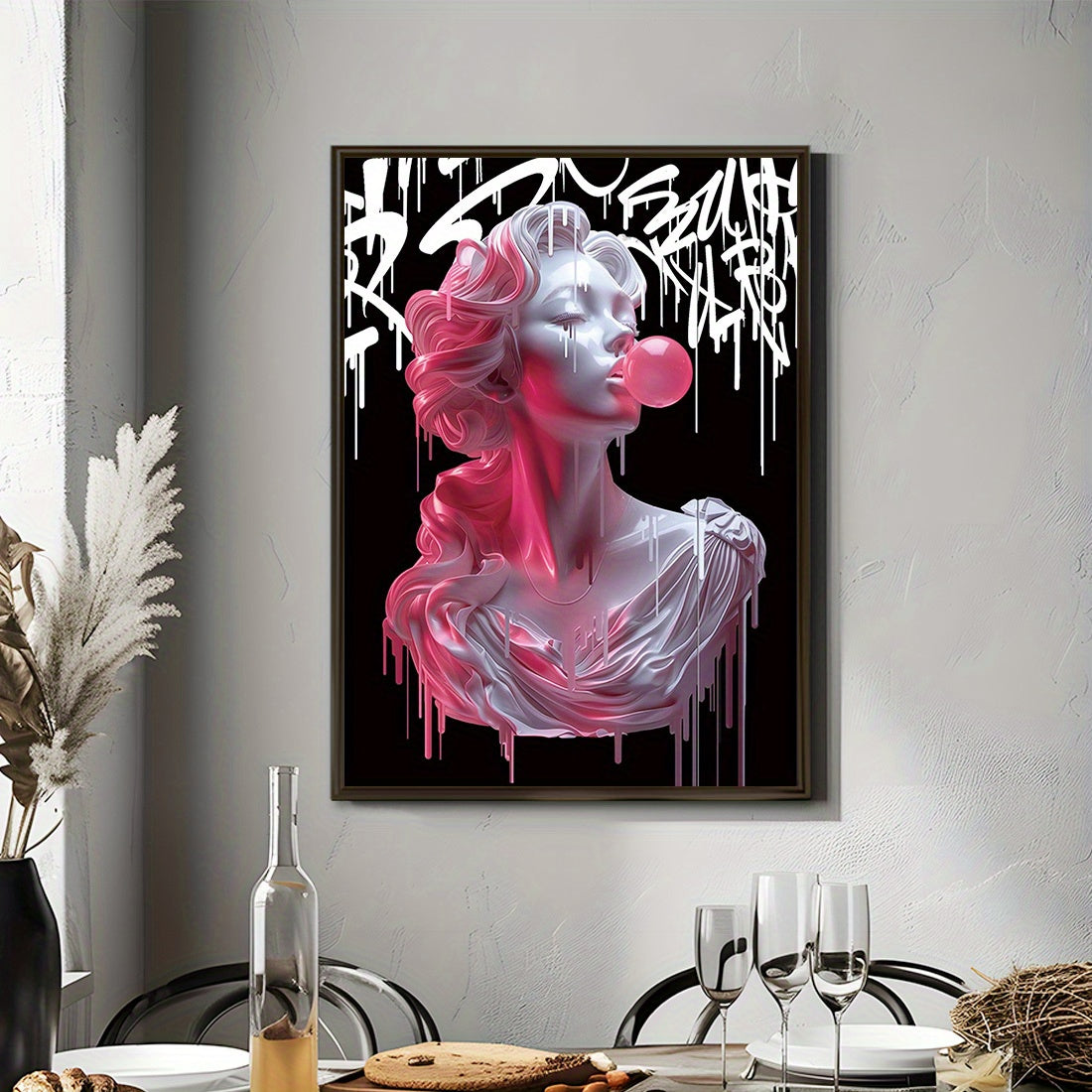 Art Deco wall tapestry of Medusa blowing bubbles, 30x20cm, suitable for various spaces.