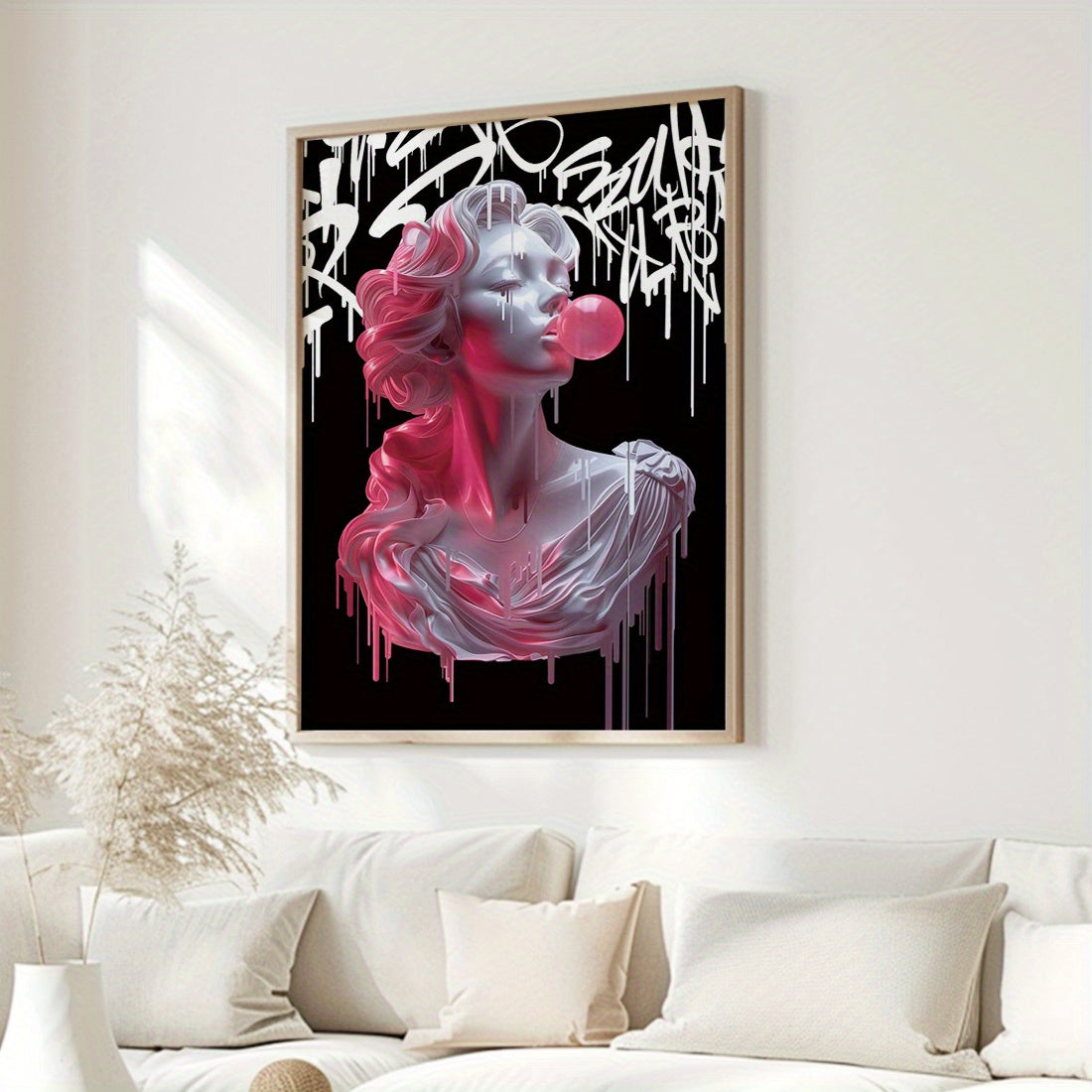 Art Deco wall tapestry of Medusa blowing bubbles, 30x20cm, suitable for various spaces.