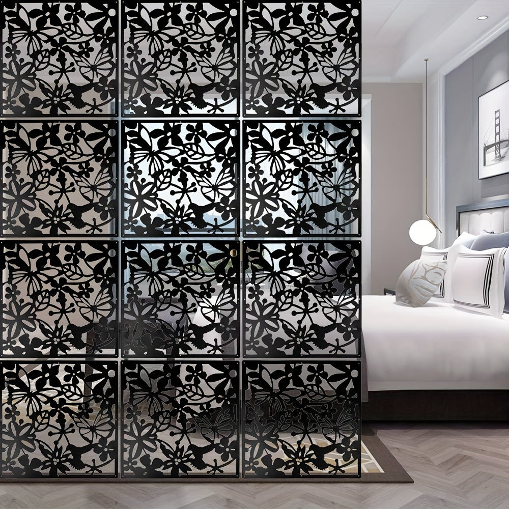 Modern Plastic Room Divider - Set of 12 Hanging Screens featuring Floral Designs for Living Room, Bedroom, or Office. Wood and Electricity-Free Decor Panels.