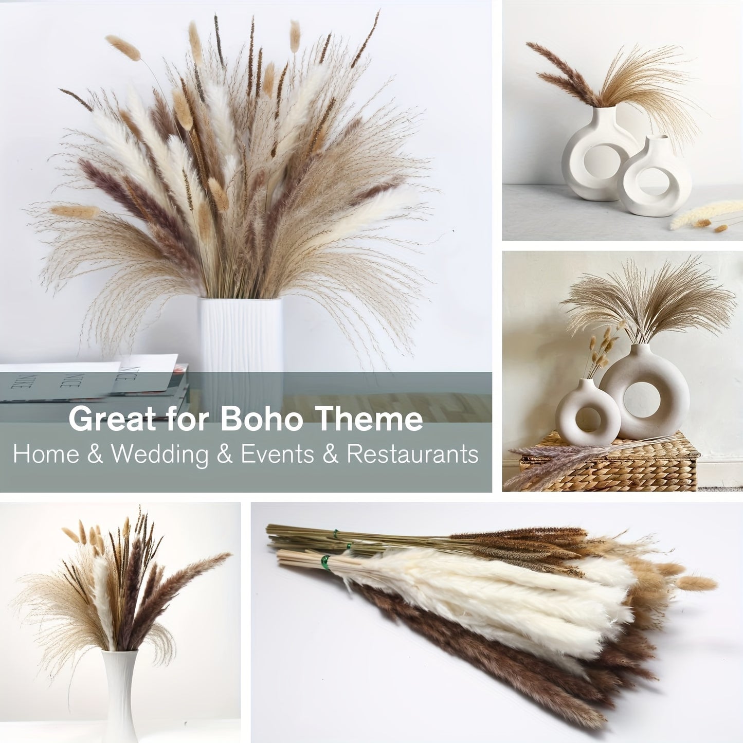 120 pieces of dried pampas grass in natural white and beige varieties for boho home decor, weddings, and office decoration. Perfect for creating an elegant centerpiece with a bohemian touch