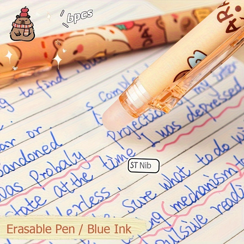 6 Capibala themed erasable pens with storage design and blue ink, ideal for both school and office use during back-to-school season.