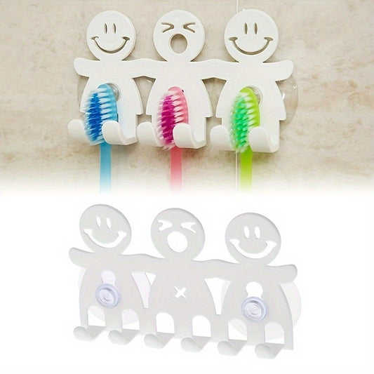 Wall-mounted toothbrush holder with suction cup, cartoon smile design, space-saving organizer for 5 toothbrushes, colorful bathroom accessory, no drilling needed.