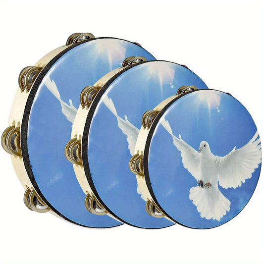 Hand drums in 6, 8, and 10-inch sizes featuring wood construction and metal bells. Ideal for rhythm playing and suitable for KTV, parties, and churches.