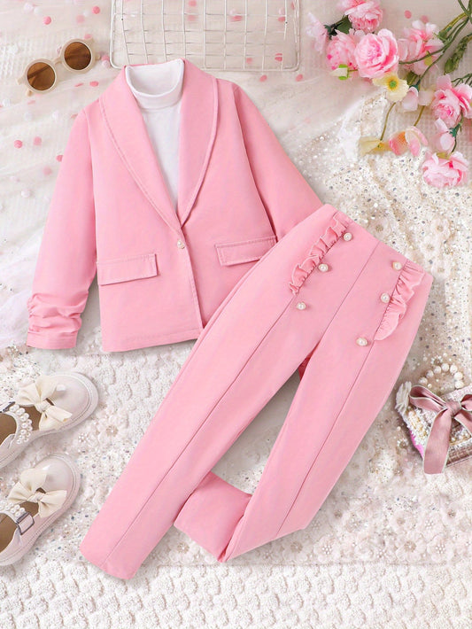 Stylish pink outfit for girls - formal wear with button detail, washable, ideal for fall/winter and outdoor events.