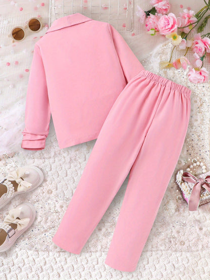 Stylish pink outfit for girls - formal wear with button detail, washable, ideal for fall/winter and outdoor events.