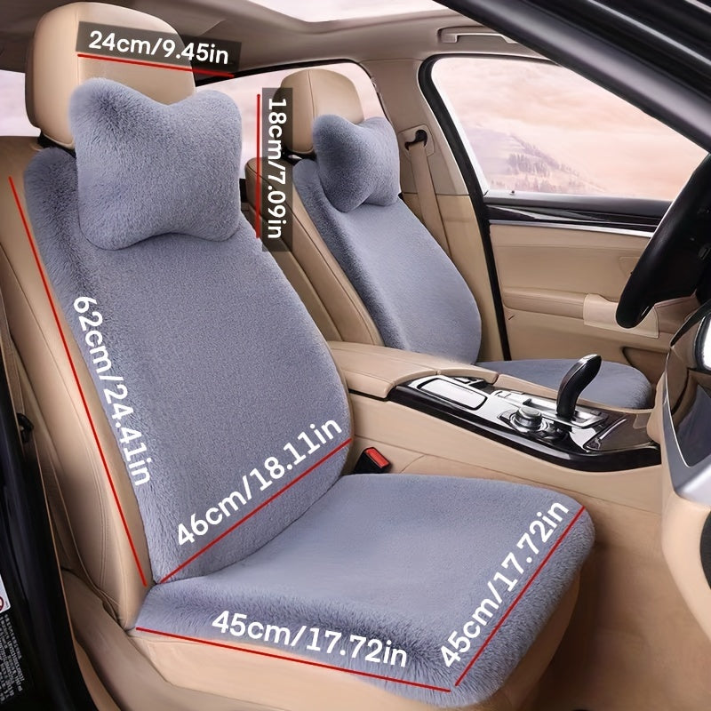 3-piece plush pink car seat cover set for front row with cushion, backrest, and neck pillow, perfect for winter comfort.