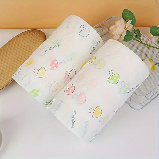 Disposable kitchen paper towels in random style, 1 roll with 100 sheets. Can be used as washable dry and wet towels, rags, non-stick oil cloth, degreasing towels, household cleaning cloths, drying cloths. Versatile cleaning product and tool.