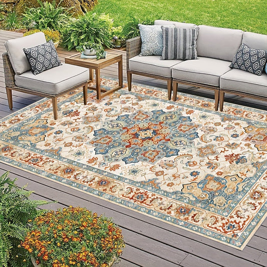 Machine Washable Boho Chic Area Mat - Made with Polyester Fiber for Non-Shedding Quality, Featuring a Vintage Oriental Distressed Design Perfect for Indoor Use, Entryway, or Porch - Enhance Your Home Decor with This Aesthetic and Easy-to-Clean Mat.