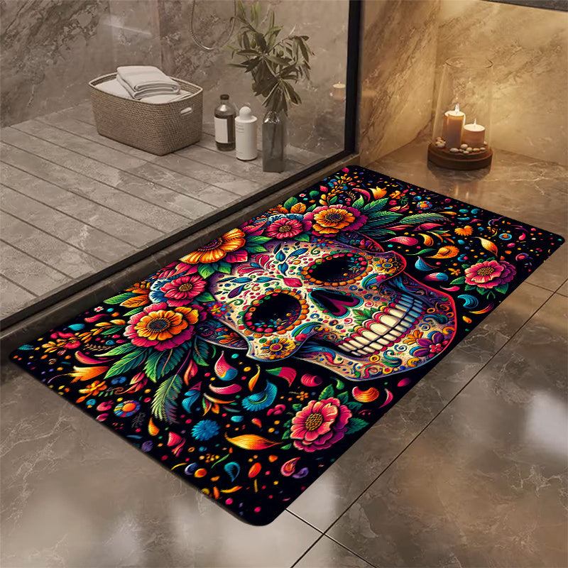 Celebrate with our colorful Day of the Dead Skull Rug, featuring a vibrant floral design. This machine washable rug measures 160cm x 62.99cm and is ideal for entryways, kitchens, bedrooms, laundry rooms, or bathrooms.