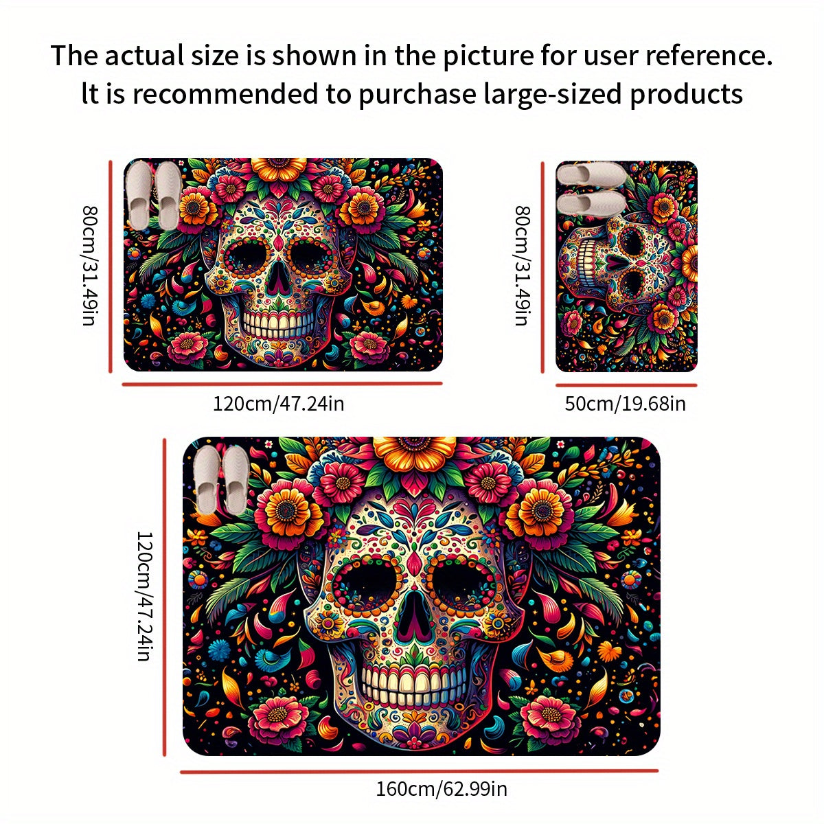 Celebrate with our colorful Day of the Dead Skull Rug, featuring a vibrant floral design. This machine washable rug measures 160cm x 62.99cm and is ideal for entryways, kitchens, bedrooms, laundry rooms, or bathrooms.