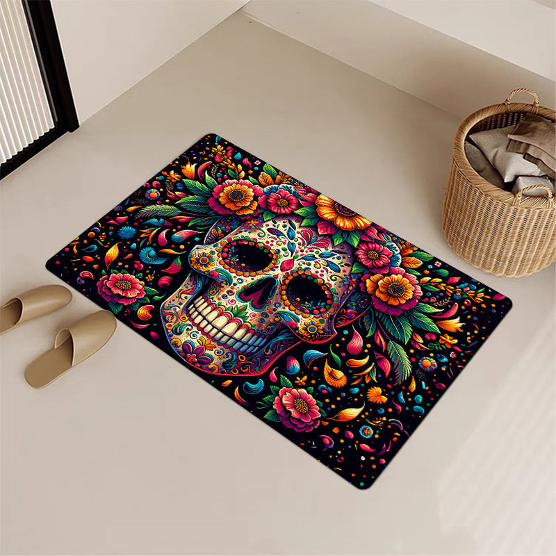 Celebrate with our colorful Day of the Dead Skull Rug, featuring a vibrant floral design. This machine washable rug measures 160cm x 62.99cm and is ideal for entryways, kitchens, bedrooms, laundry rooms, or bathrooms.