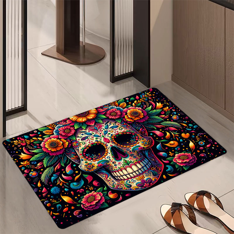 Celebrate with our colorful Day of the Dead Skull Rug, featuring a vibrant floral design. This machine washable rug measures 160cm x 62.99cm and is ideal for entryways, kitchens, bedrooms, laundry rooms, or bathrooms.