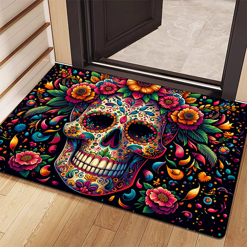 Celebrate with our colorful Day of the Dead Skull Rug, featuring a vibrant floral design. This machine washable rug measures 160cm x 62.99cm and is ideal for entryways, kitchens, bedrooms, laundry rooms, or bathrooms.