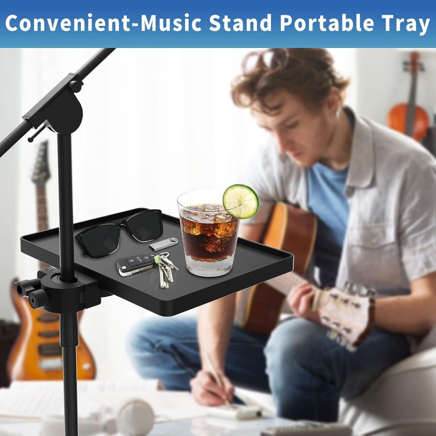 Clamp-on tray for microphone stand - ideal for music sheets, live streaming, karaoke, recording. ABS attachment available in two sizes. Compatible with uncharged power mode.