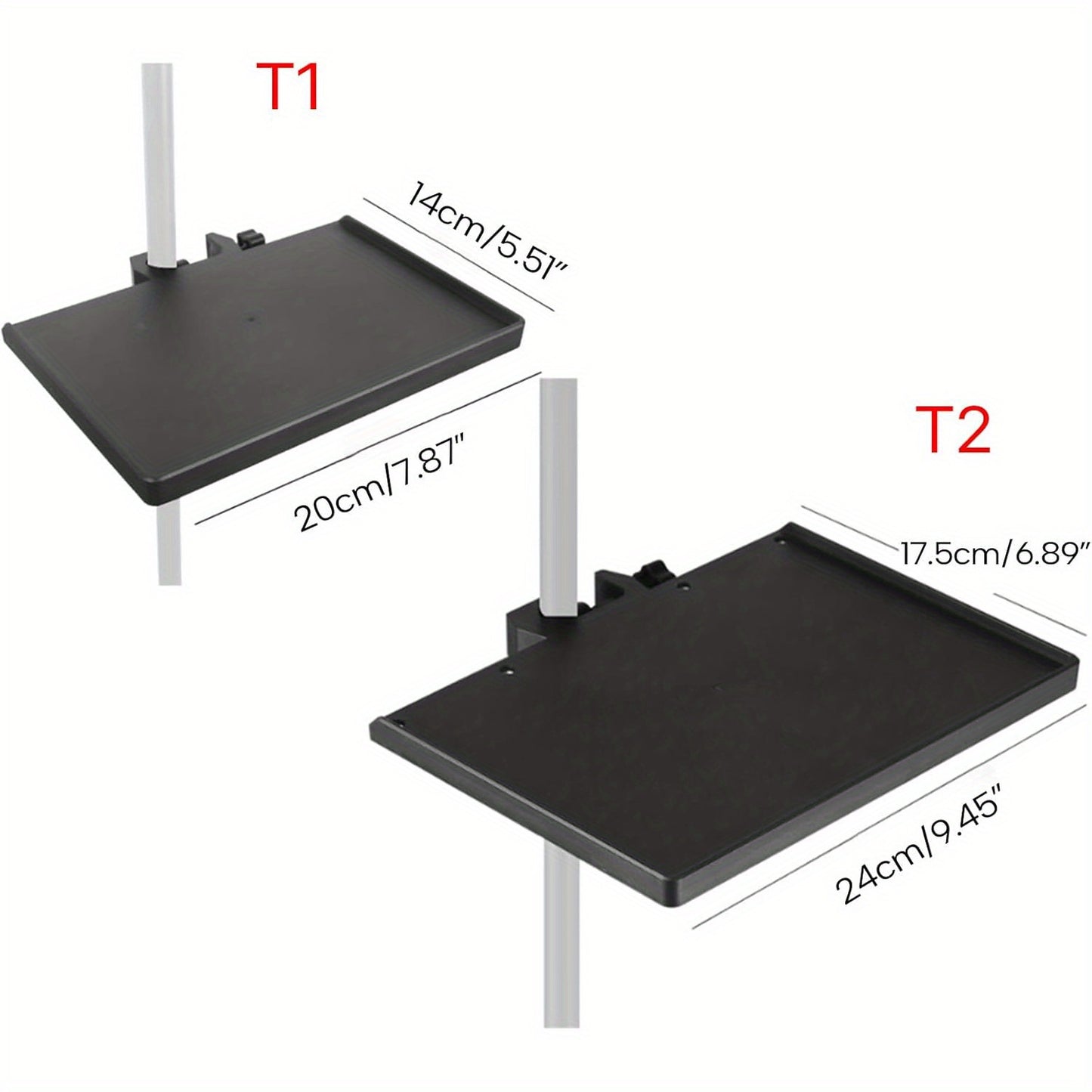 Clamp-on tray for microphone stand - ideal for music sheets, live streaming, karaoke, recording. ABS attachment available in two sizes. Compatible with uncharged power mode.