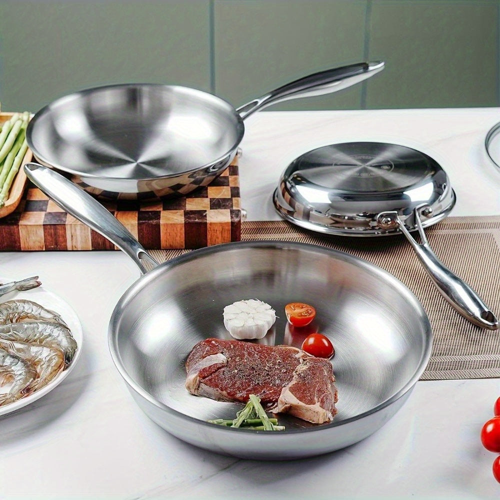 Durable Stainless Steel Frying Pan with Premium Non-Stick Coating - Ideal for Cooking Steak, Pancakes, and More! Easy to Clean, Versatile Kitchen Cookware for Home or Restaurant.