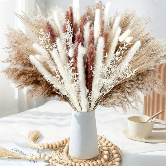 Boho chic pampas grass decor set of 50 artificial flowers and leaves. Ideal for elegant home, bedroom, and classroom decor. Pest-free and easy to maintain.