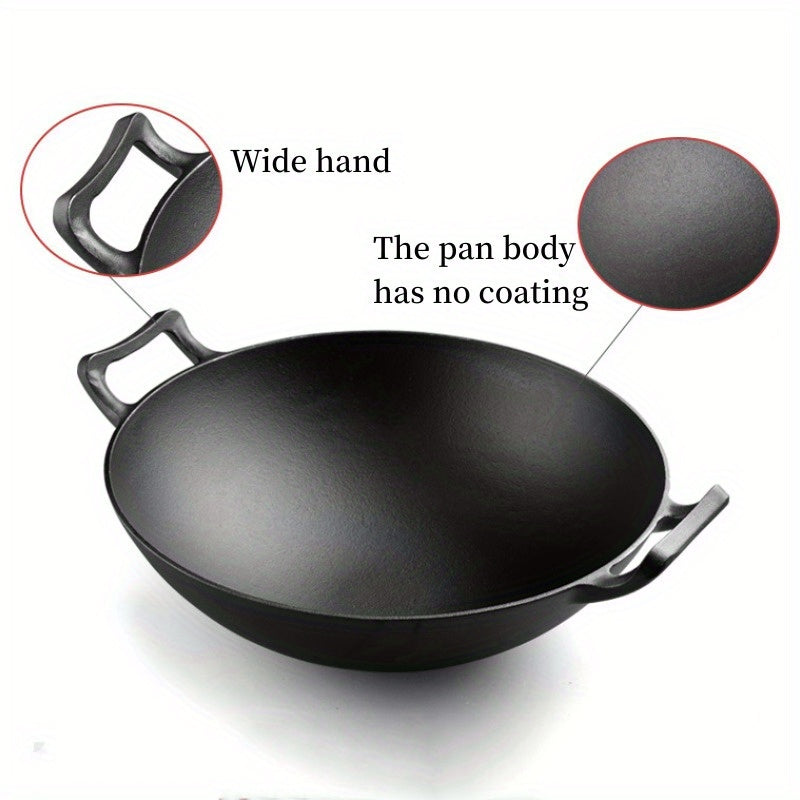 Traditional Thickened Cast Iron Wok with Lid and Dual Handles for Efficient Heat Conduction, Durable Kitchen Cookware