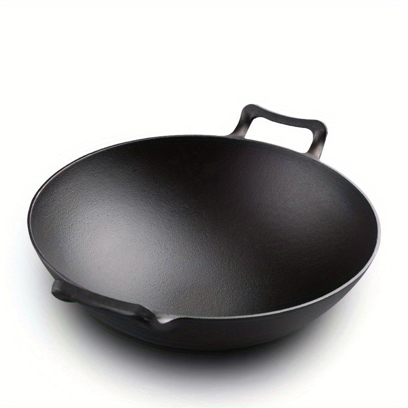 Traditional Thickened Cast Iron Wok with Lid and Dual Handles for Efficient Heat Conduction, Durable Kitchen Cookware